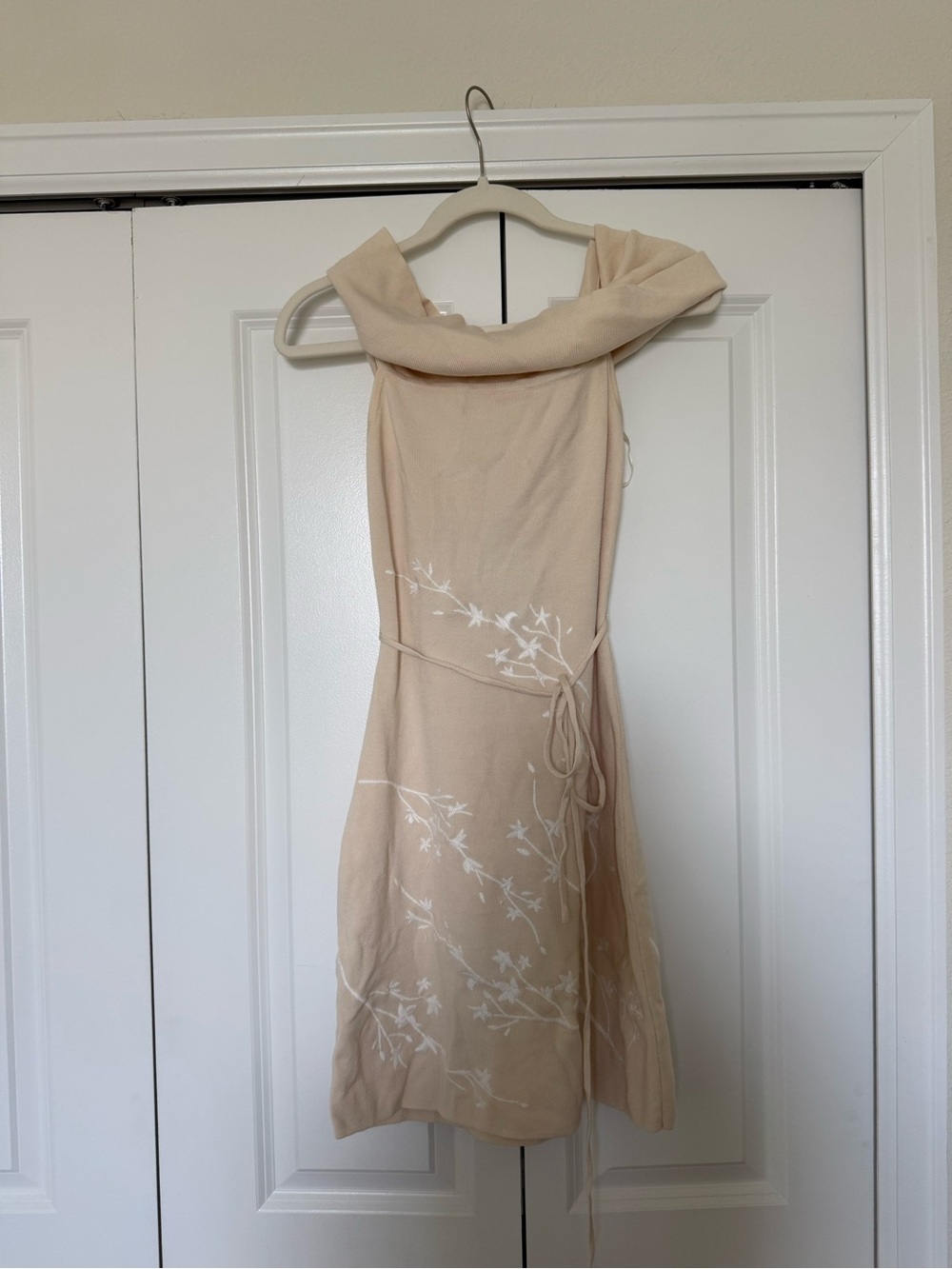 Meshki Beige Floral Midi Dress with Off-Shoulder Cowl